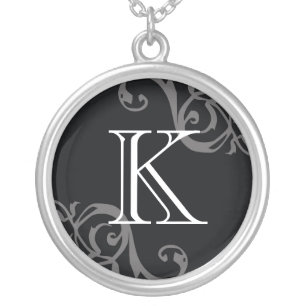 Black gray flourish initial monogram letter charm silver plated necklace
