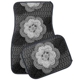 Black Gray Flowers Artisan Crochet Print Set Car Mat
