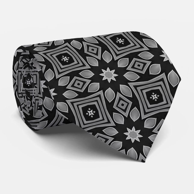 Black Gray Geometric Floral Pattern Necktie (Rolled)