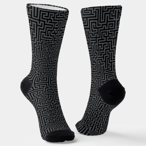 Black & Gray Geometric Maze Pattern Socks