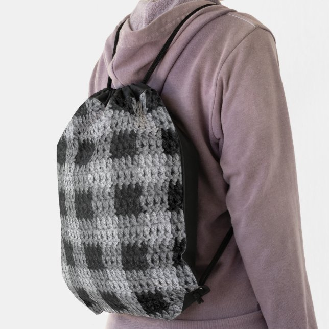 Black Gray Gingham Plaid Artisan Crochet Print Drawstring Bag (Insitu)