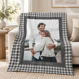 Black Gray Gingham Preppy Couple Photo Custom Fleece Blanket