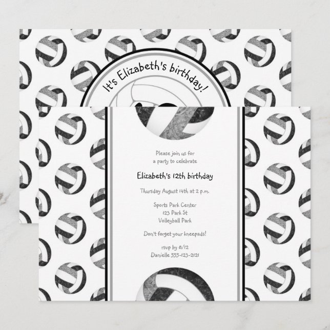 black gray girls' volleyball birthday party invitation (Front/Back)