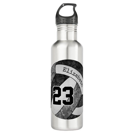 Black gray girls' volleyball custom name number stainless steel water bottle