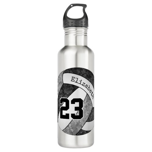 Black gray girls volleyball custom name number stainless steel water bottle