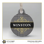 Black Gray Glen Plaid Customized Pet ID Tag<br><div class="desc">Dress your dog or cat in style with this elegant pet ID tag that features a classic black and gray glen plaid pattern with a gold emblem and customizable text. Add a pet’s name on the front and phone number on the back to create a unique gift for yourself, new...</div>
