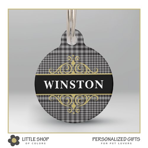 Black Gray Glen Plaid Customized Pet ID Tag