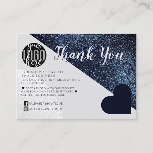 Black Gray Glitter Geo Logo Customer Thank You Business Card
