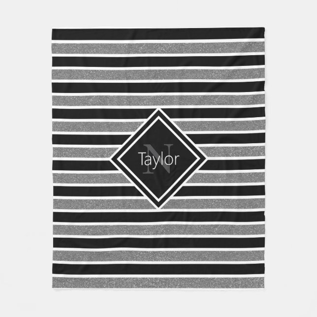 Black Gray Glitter Stripes Monogram Name Fleece Blanket (Front)