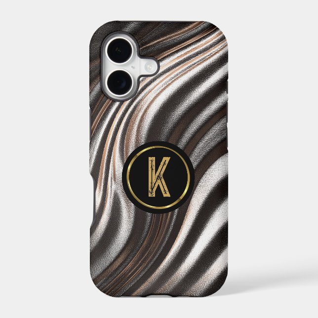Black Gray Gold Abstract Swirl Monogram Case-Mate iPhone Case (Back)