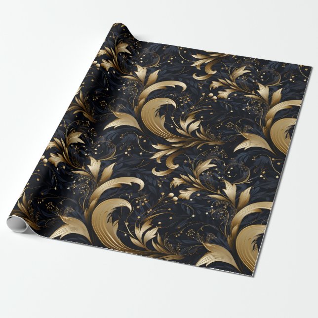 Black Gray Gold Classy Elegant Pattern Wrapping Paper (Unrolled)