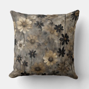 Black Gray Gold Floral Print Throw Pillow
