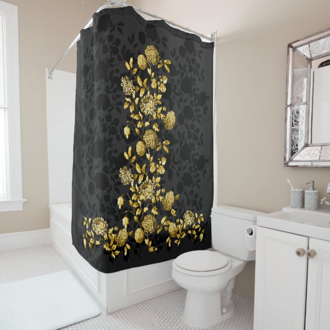 Black Gray Gold Floral Toile Shower Curtain (In Situ)