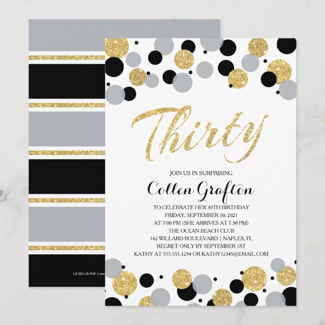 Black Gray Gold Glitter Confetti 30th Birthday Invitation (Front/Back)