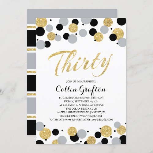 Black Gray Gold Glitter Confetti 30th Birthday Invitation