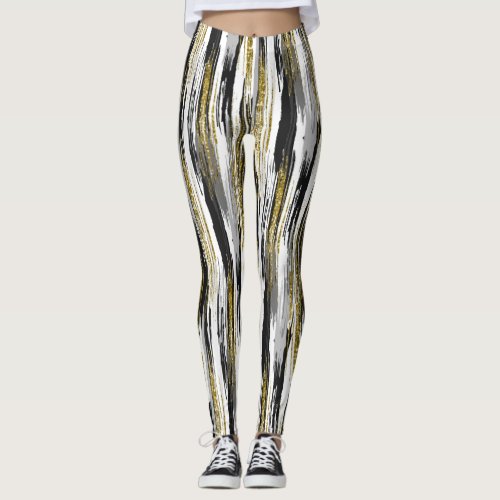 Black Gray  Gold Glitter Vertical Brush Strokes Leggings