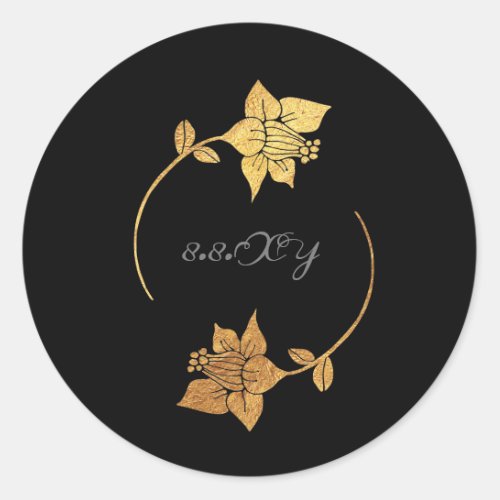 Black Gray Gold Lux Floral Save The Date Classic Round Sticker