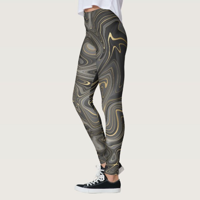 Black Gray Gold Marble Swirl Agate Strata Women's Leggings (Left)