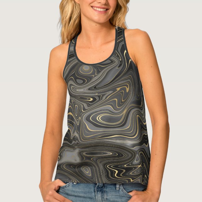 Black Gray Gold Marble Swirl Agate Strata Women's  Tank Top (Front)