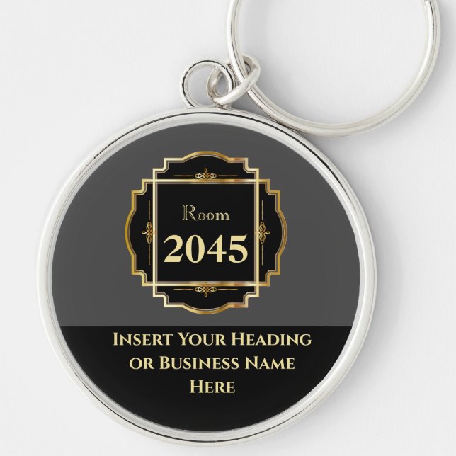 Black gray gold modern banner DIY room number Keychain (Front)