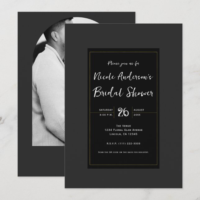 Black Gray Gold Modern Minimal Bridal Shower Invitation (Front/Back)
