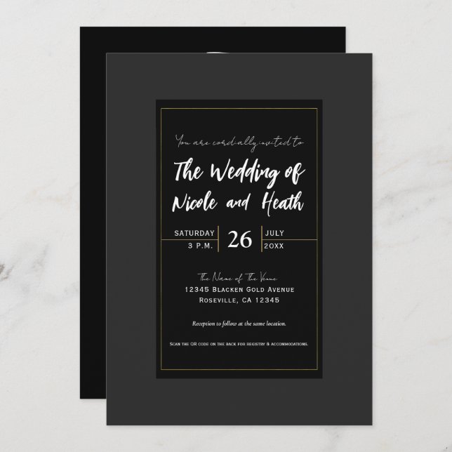 Black Gray Gold Modern Minimal Elegant Wedding Invitation (Front/Back)