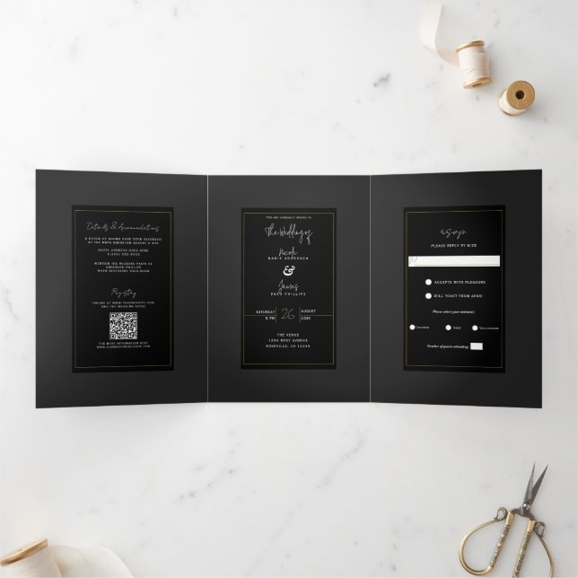 Black Gray Gold Modern Minimal Elegant Wedding Tri-Fold Invitation (Inside)