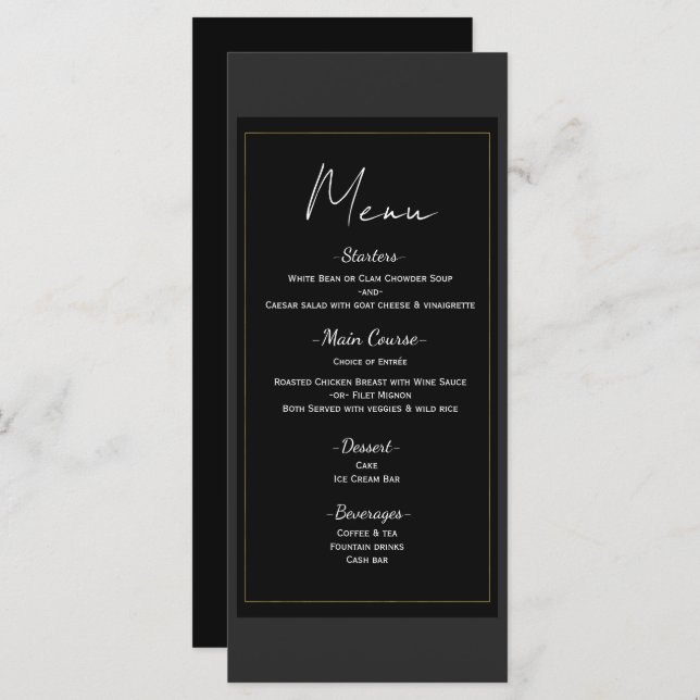 Black Gray Gold Modern Minimal Wedding Menu (Front/Back)