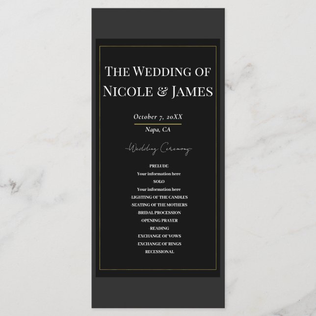 Black Gray Gold Modern Minimal Wedding Program (Front)