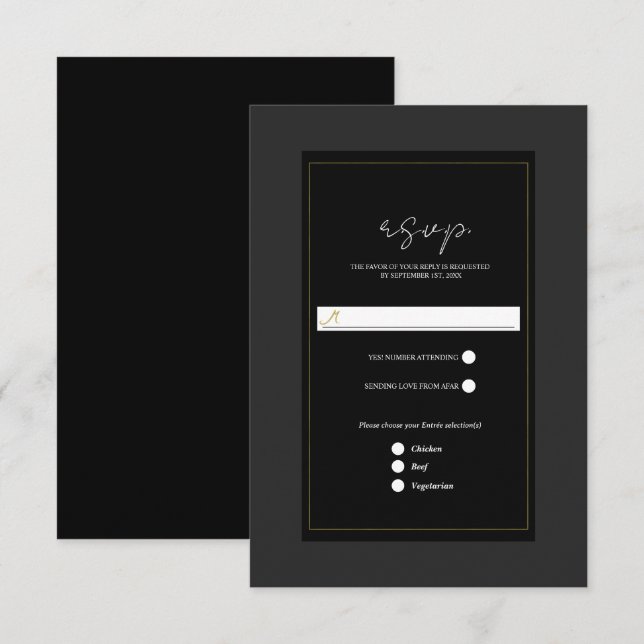 Black Gray Gold Modern Minimal Wedding RSVP Card (Front/Back)