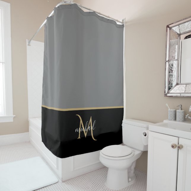 Black | Gray   & Gold Monogram Elegant Luxury   Shower Curtain (In Situ)