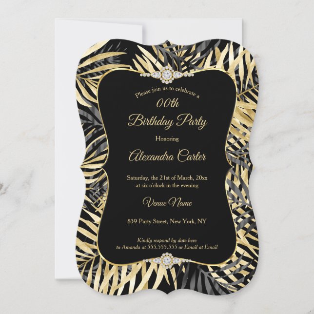Black Gray Gold Palms Diamond Birthday Party Invitation (Front)