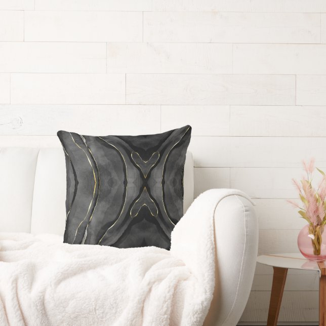 Black Gray Gold Streaks Abstract Throw Pillow (Couch)