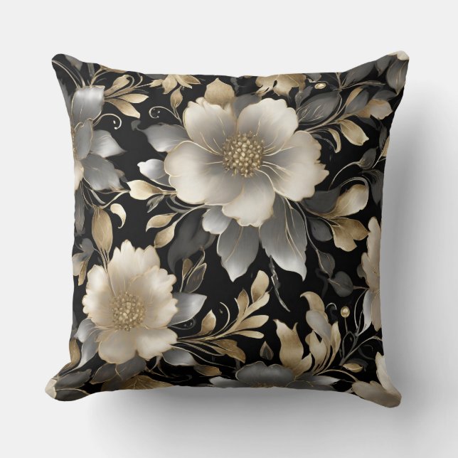 Black Gray Gold White Floral Throw Pillow (Front)