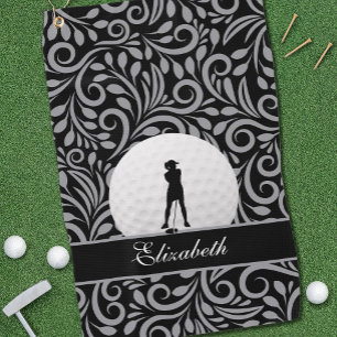 Black Gray Golf Golfer Silhouette Pattern For Her Golf Towel