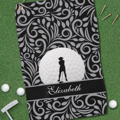 Black Gray Golf Golfer Silhouette Pattern For Her Golf Towel