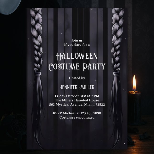 Black & Gray Gothic Braids Halloween Costume Party Invitation (Gothic Braids Halloween Costume Party – Dark Academia Black & Gray Template)