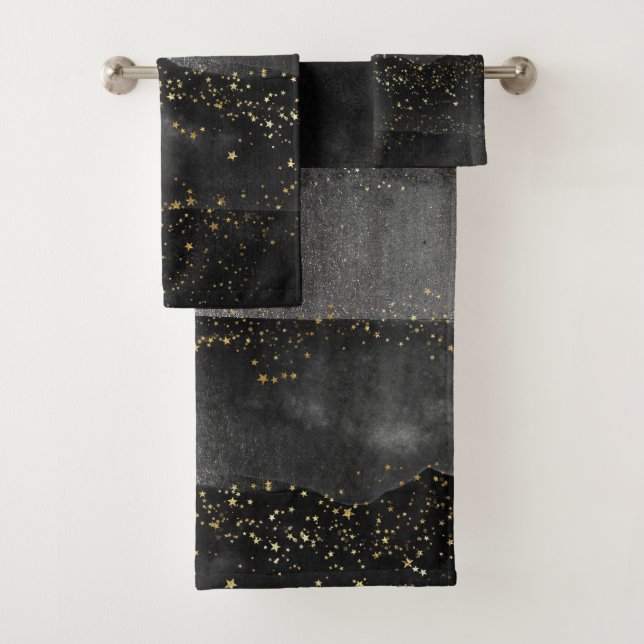 Black gray gradient cosmic star space bath towel set (Insitu)