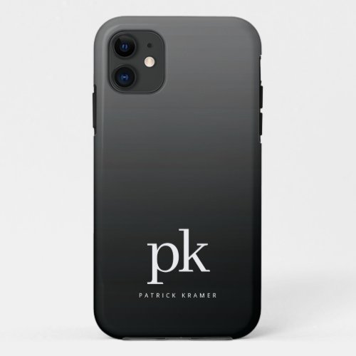 Black Gray Gradient Simple Monogram Initials iPhone 11 Case