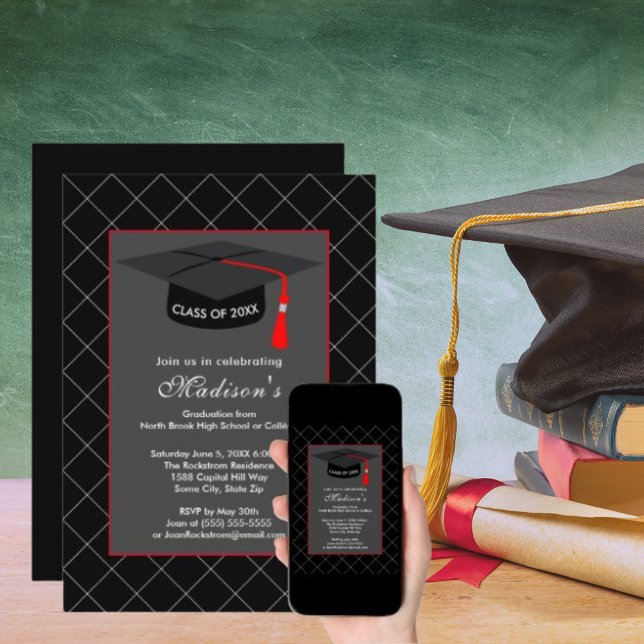 Black & Gray Graduation Class of Black Grad Cap Invitation (Black & Gray Graduation Class of Black Grad Cap Invitation)