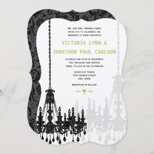 Black Gray Green Damask Chandelier Wedding Invitation