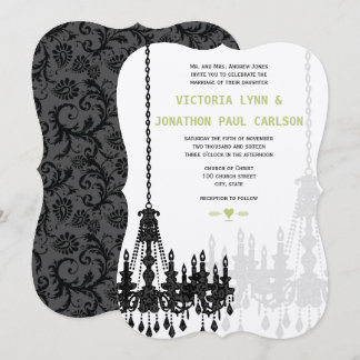 Black Gray Green Damask Chandelier Wedding Invitation