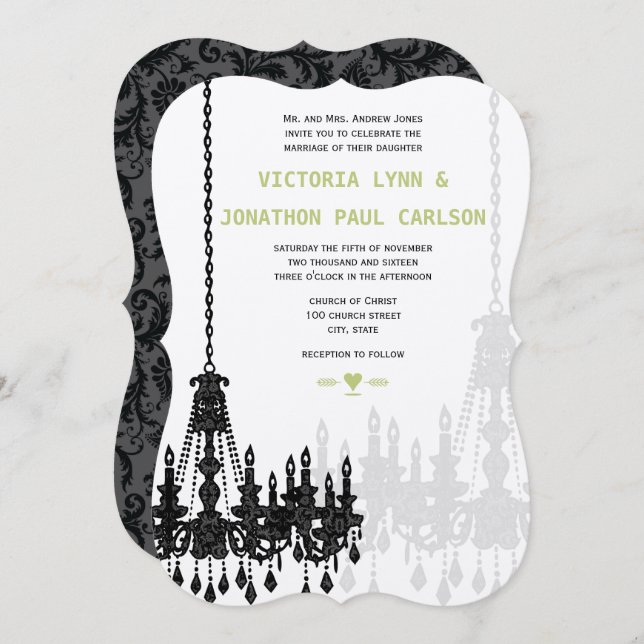 Black Gray Green Damask Chandelier Wedding Invitation (Front/Back)