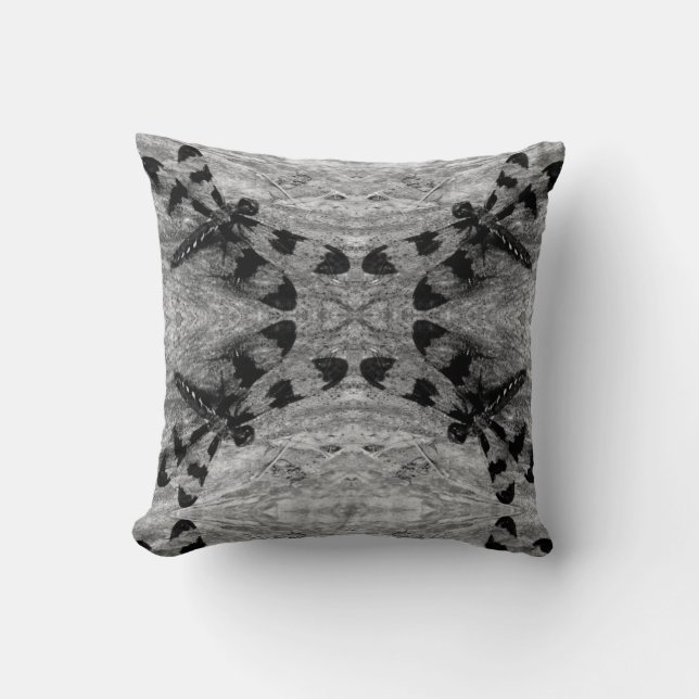 Black, gray, grey  dragonfly pattern solid back throw pillow (Front)