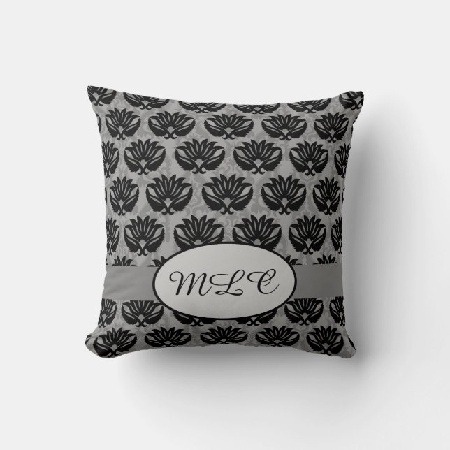 Black Gray Grey Monogram Damask Custom Throw Pillow (Front)