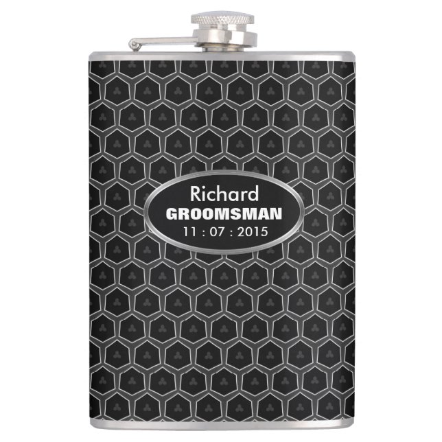 Black Gray Grill Honeycomb Groomsmen Gift Hip Flask (Front)