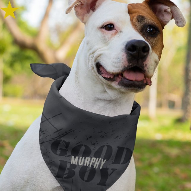 Black Gray Grunge Good Boy Custom Name Pet Bandana (Creator Uploaded)