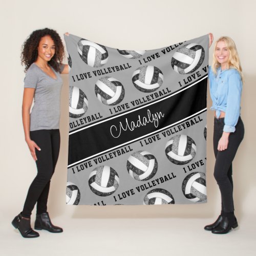 black gray I love volleyball text pattern Fleece Blanket