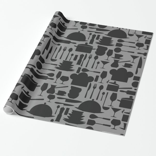 Black & Gray Kitchen Gadget Print Wrapping Paper (Unrolled)
