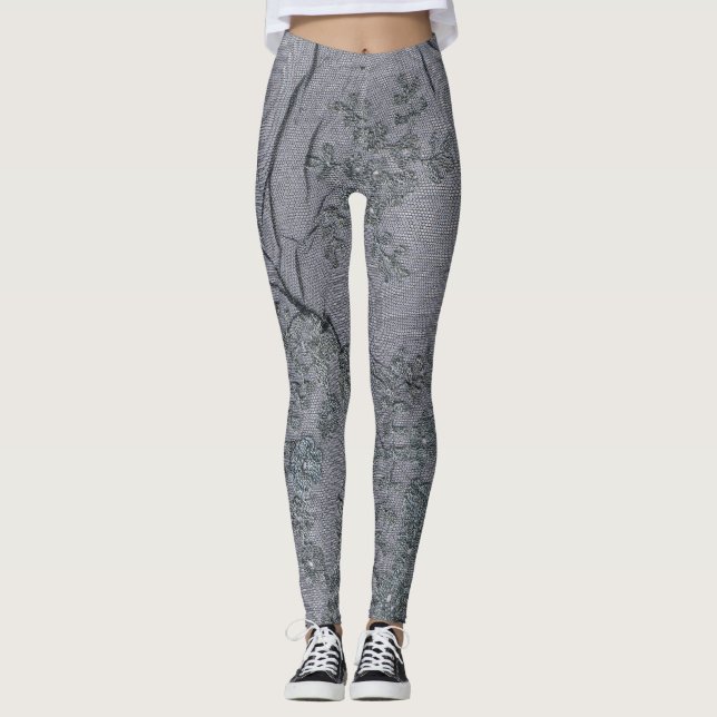 Black Gray Lace Pattern Leggings (Front)